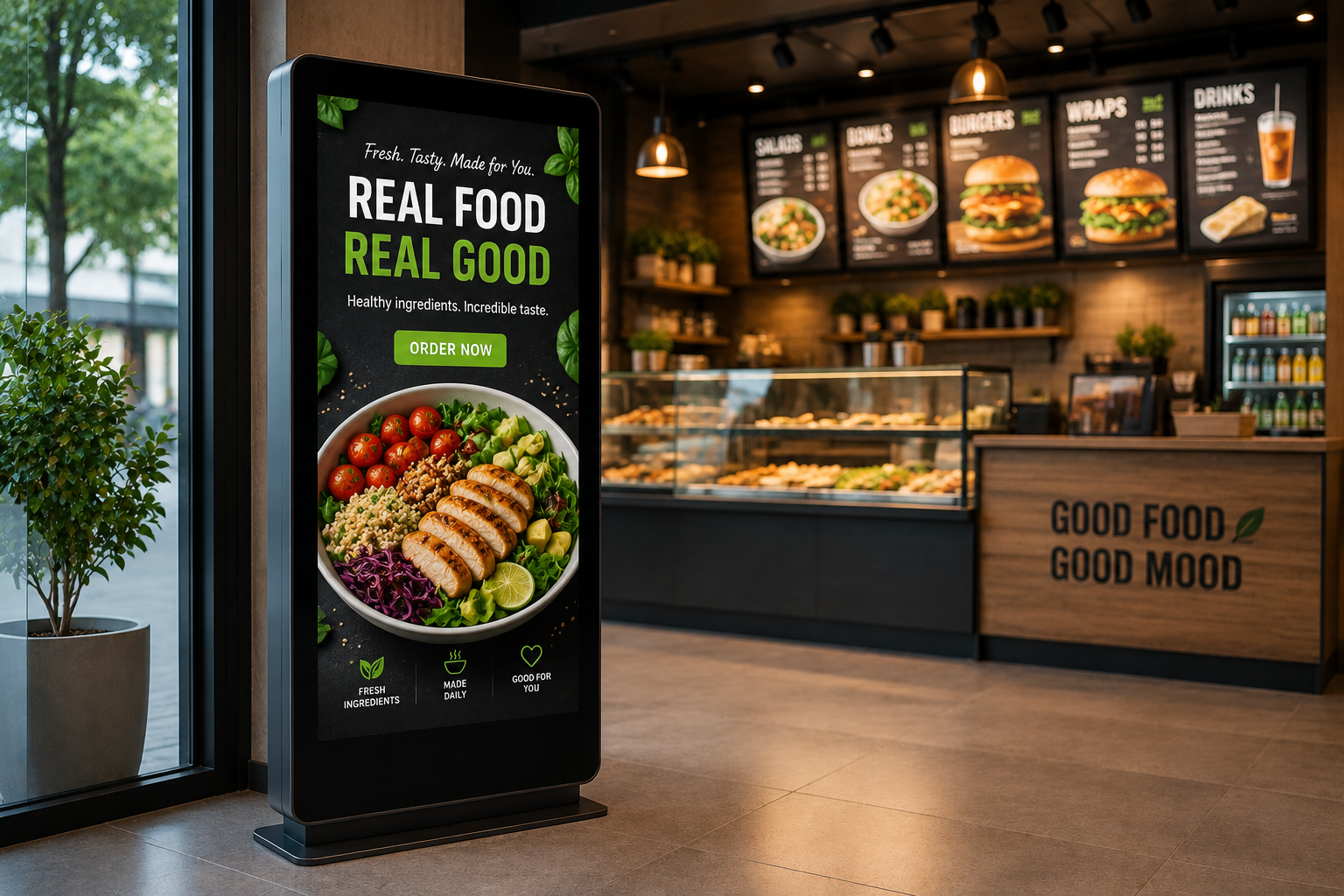 Digital menu boards mounted above a cafe counter